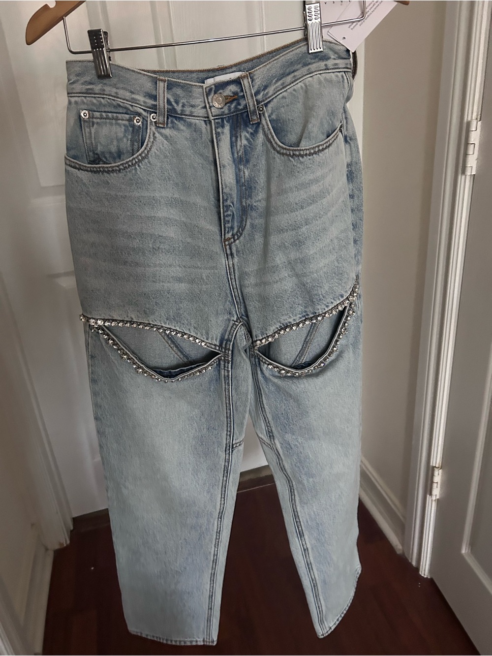 NWT AREA Crystal Slit Cotton Denim straight Leg Jeans 26 - Picture 9 of 14